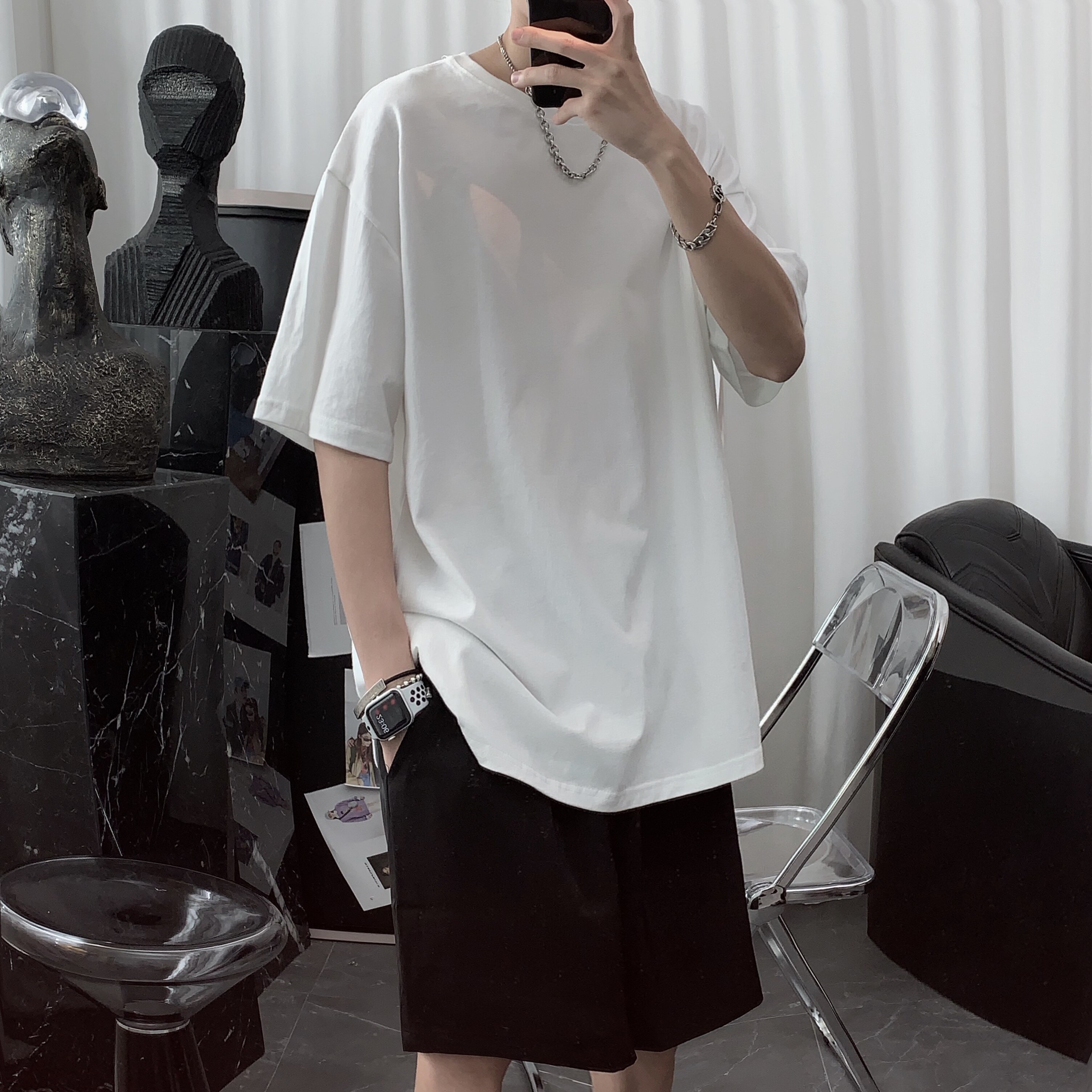 Summer cotton plain color loose fashion short-sleeved T shirt for men's Korean version loose couples matching bottom shirt