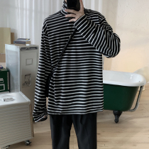 Mr. Korean ulzzang T-shirt retro minimalist black and white striped turtleneck long sleeve T-shirt couple base