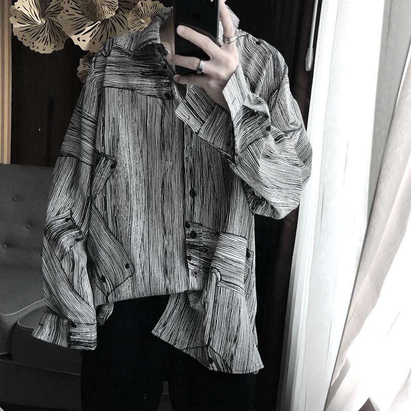 Mr short sentence loose Korean version retro ruffian handsome hanging ulzzang tide brand wild personality long-sleeved shirt men's summer