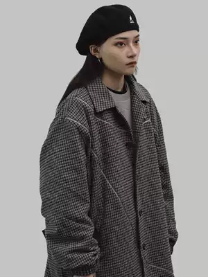 LIMPIDOCULUS(LIMS)20AW AUTUMN and winter gray HOUNDSTOOTH CURVE separation silhouette medium and long version of the windbreaker