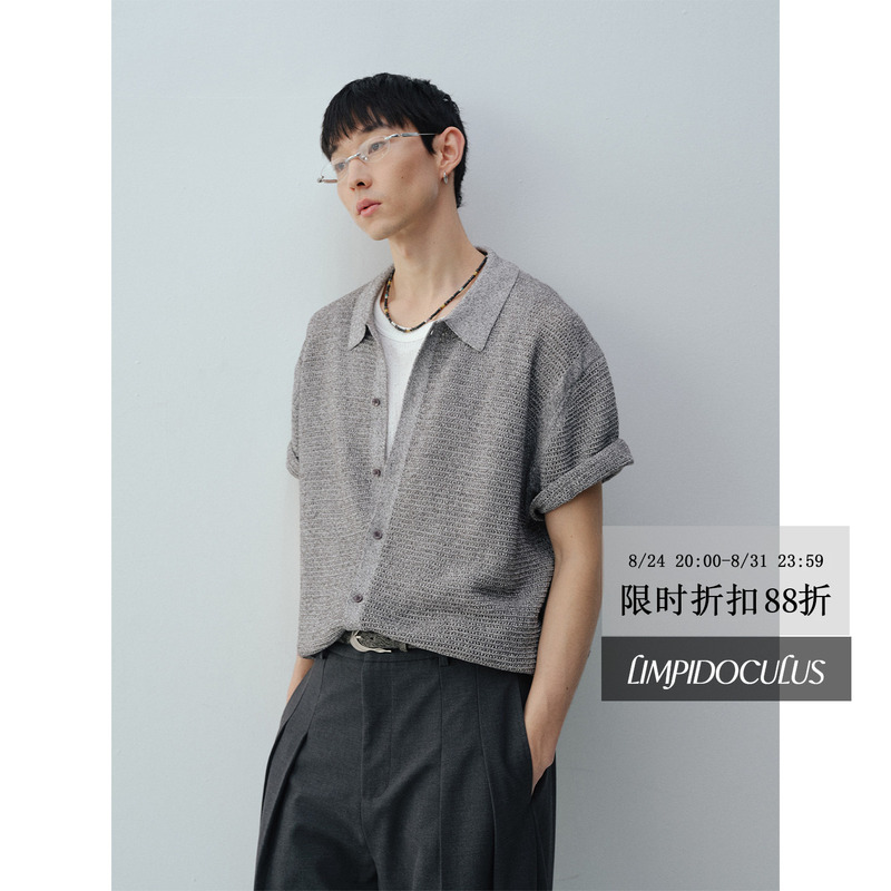 Limpidoculus Japanese Imported Washi Knitted Hollow Texture Linen Blend T-Shirt Polo Short-Sleeve Shirt