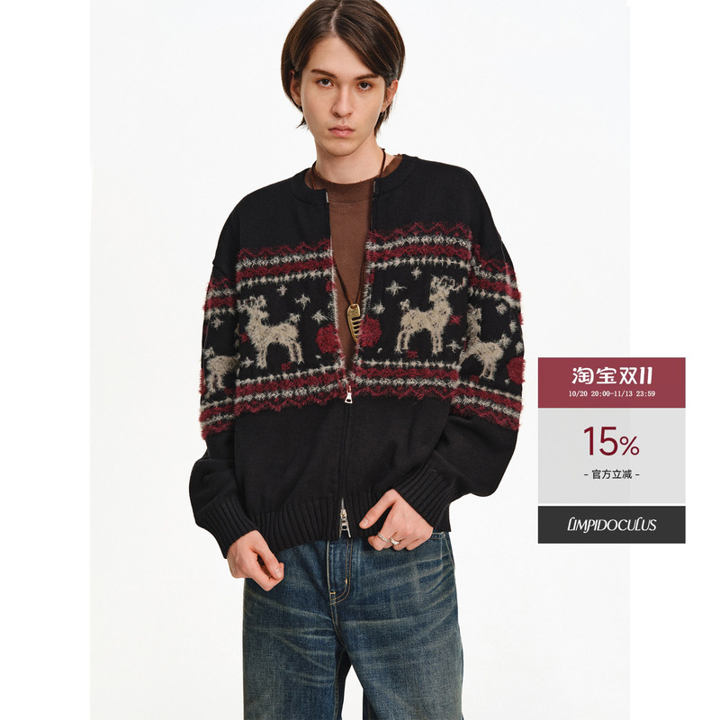 Limpidoculus Elk Faux Mink Tencel Blend Christmas Flower Round Neck Cardigan Sweater Jacket