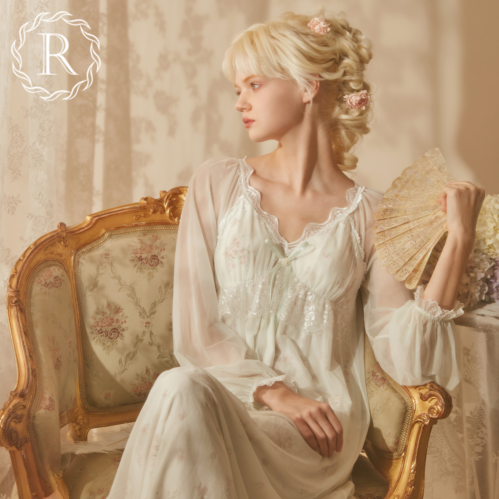 RoseTree Palace Tinted Breeze Sleeping Dress Lady Spring Autumn Season Long Sleeves Lace Seduces Style Princess Wind Pyjamas With Chest Cushion