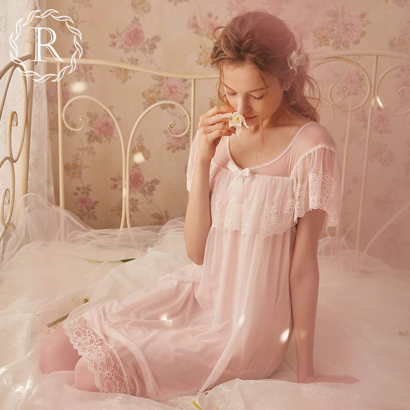 Rosetree retro palace pajamas female summer sexy princess lace nightgown short sleeve thin sweet home clothes