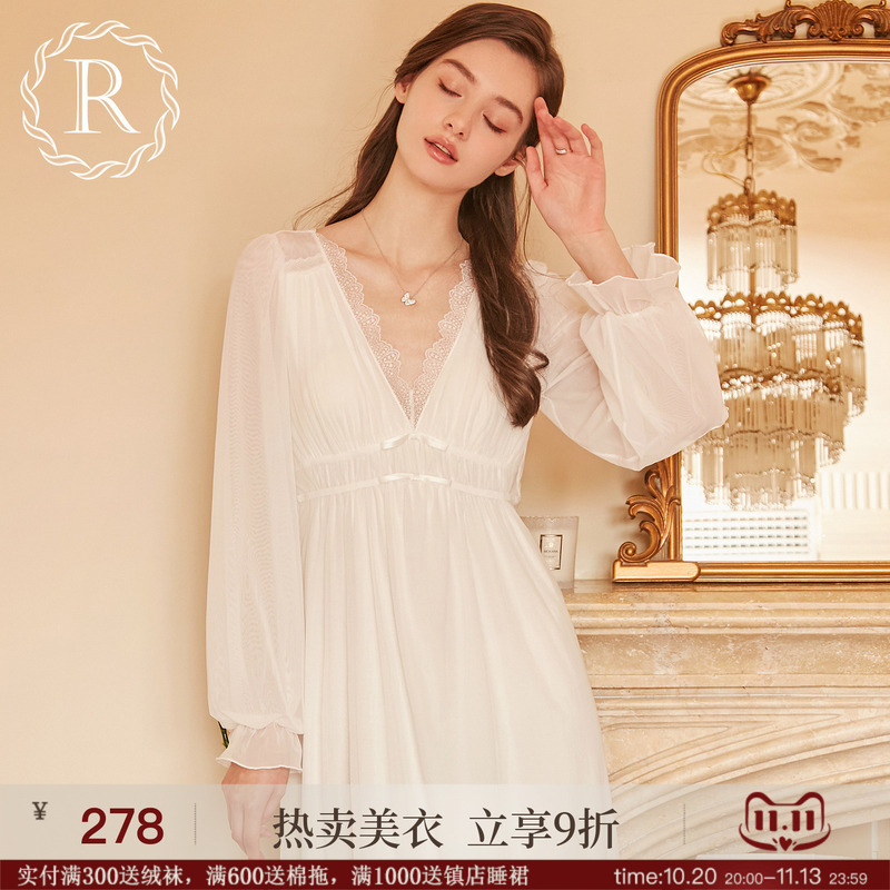Rosetree French Nightgown Spring & Fall Women's Long-Sleeved Lace Sexy Pure Lust Palace Style High-End Pajamas with Breast Pads