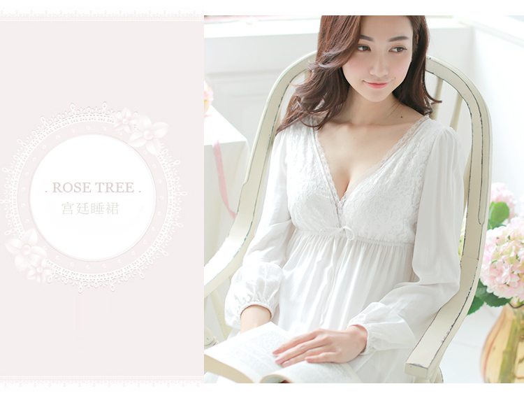 Áo dài nữ cổ điển retro của Victoria và mùa thu V-cổ gợi cảm chất liệu ren cotton dài tay màu trắng váy xuông phong cách