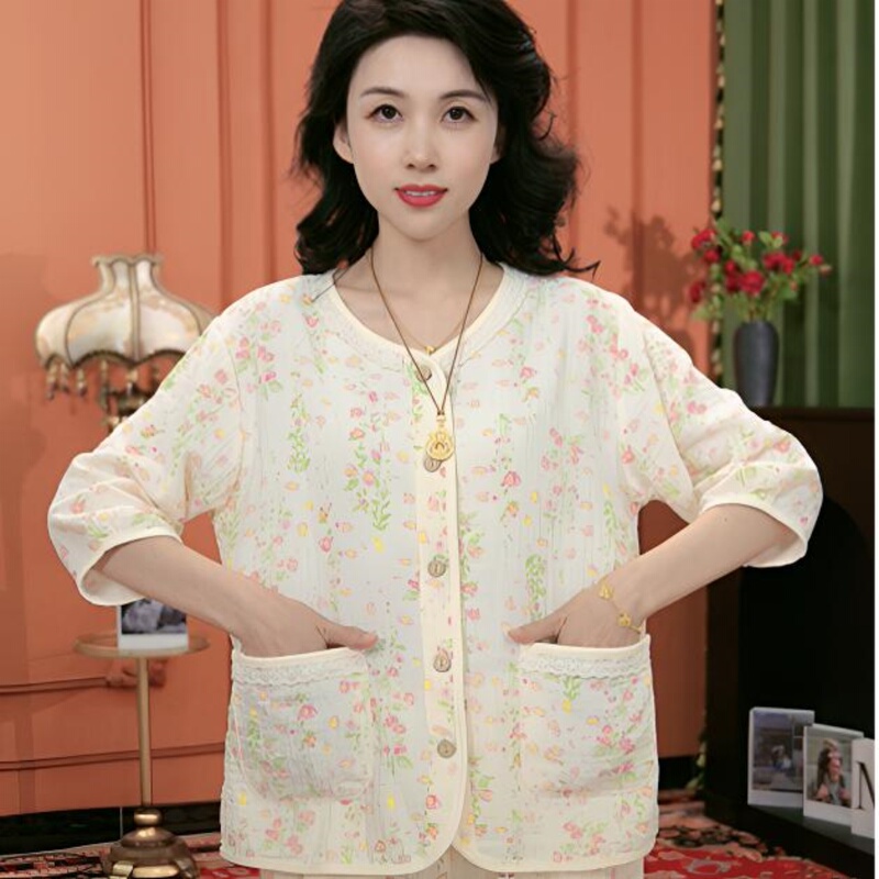 2026 New Pink Floral Double-Layer Cotton Gauze Pajamas for Women, Comfortable, Soft, Loose, Can Be Worn Outside, Loungewear