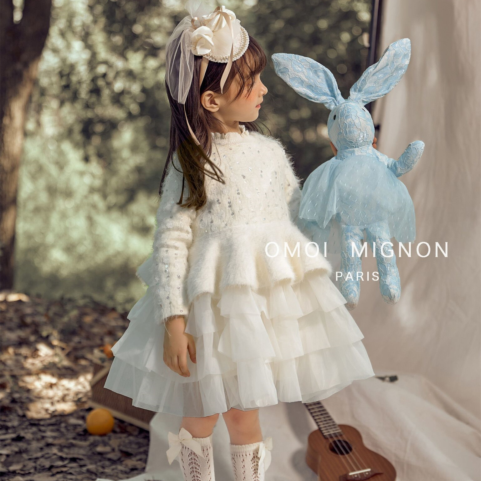 Omoimignon French designer sequined gauze skirt princess girl white dress lolita children's wear