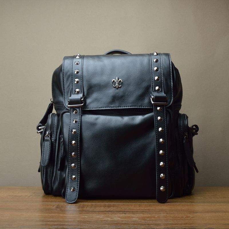 Phyema new high-end imported leather men's and women's bags head layer cowhide bag tide rivets bag genuine leather school bag