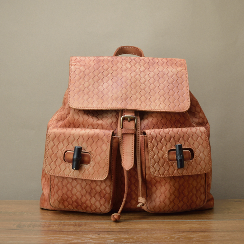 FMMIX Nordic new imported full genuine leather double shoulder backpack Women's Tidal Bamboo Festival Bag Travel Bag Bull Leather Bag-Taobao