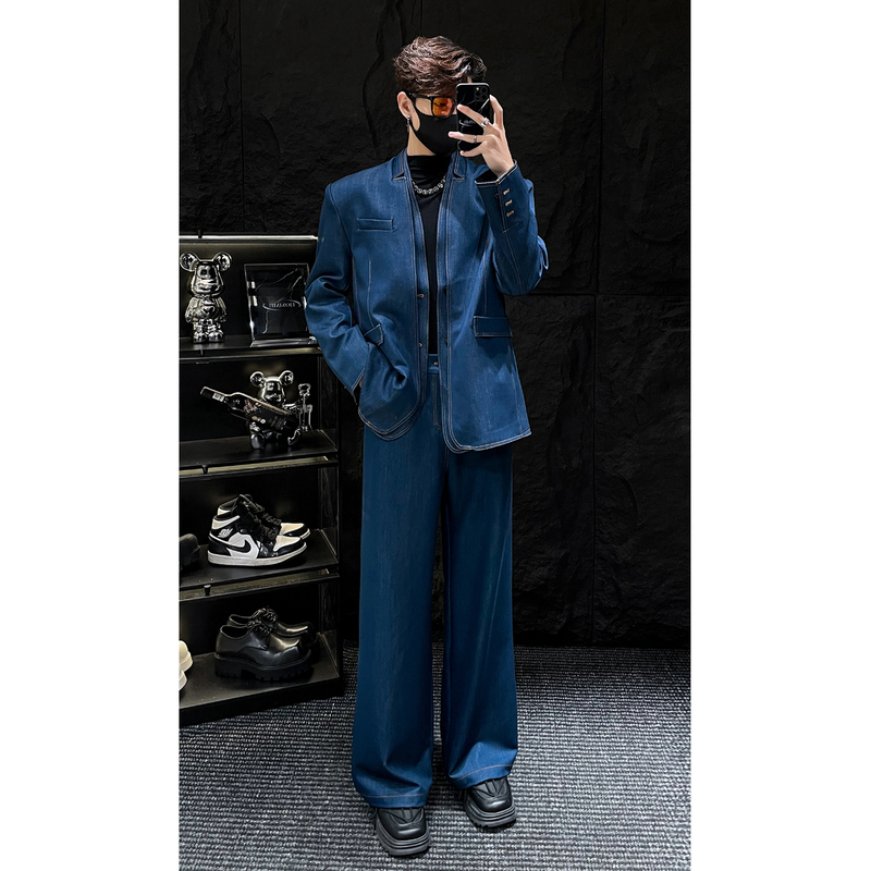 Homme Light Luxury Faux Two-Piece Patchwork Stand Collar Suit Set for Men, Loose Denim Suit Two-Piece Set Trendy