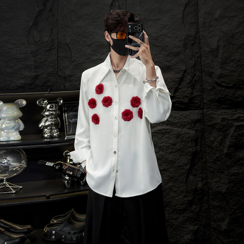 Homme Niche Luxury Three-Dimensional Red Rose Flower Shirt for Men, White Long-Sleeved Loose-Fitting Shirt with Drape Effect
