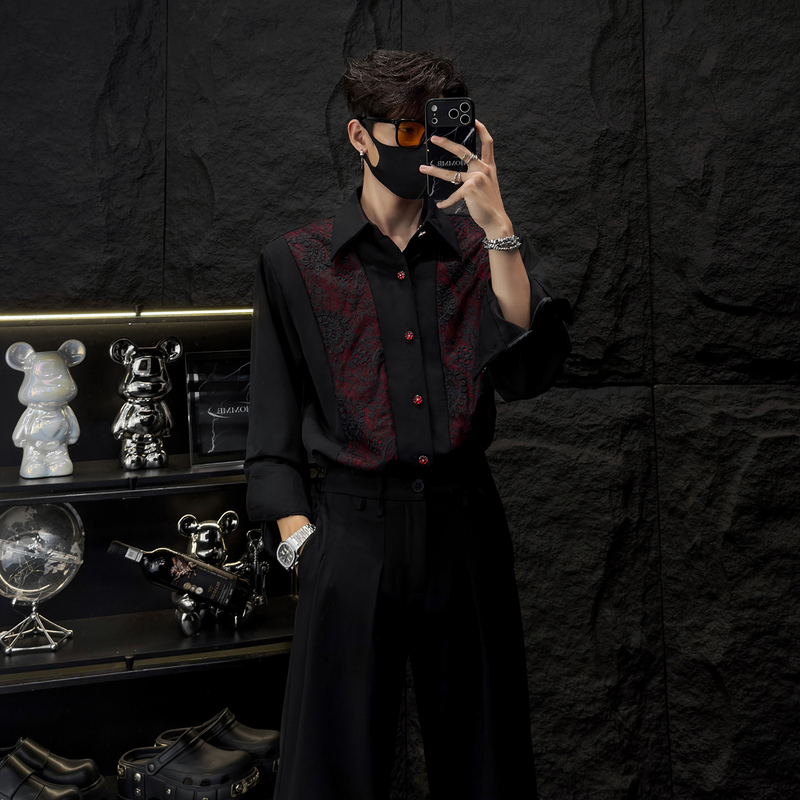 Homme High-End Heavy Lace Embroidery Shirt for Men, Long Sleeve, Unique and Luxurious Black and Red Color-Block Shirt Homme High-End Heavy Lace Embroidery Shirt for Men, Long Sleeve, Unique and Luxurious Black and Red Color-Block Shirt