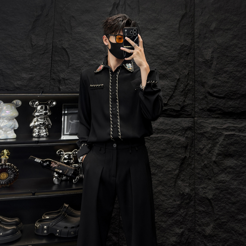 Homme Luxury Original Design Long-Sleeve Shirt with Gemstone Embellishment on the Collar, Men's Shirt with Gold Thread Trim, High-End Feel