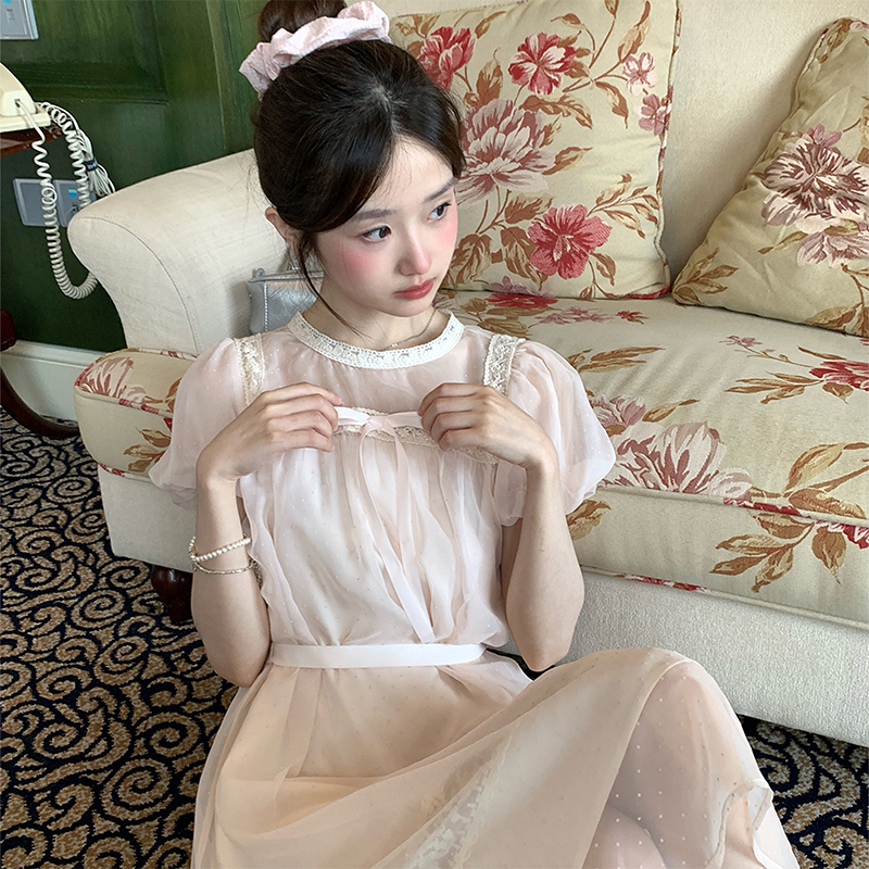Summer 2026, Very Pretty French Sweet Style Pink Puff Sleeve Dress for Petite Women, Waist-Cinching and Slimming Long Dress