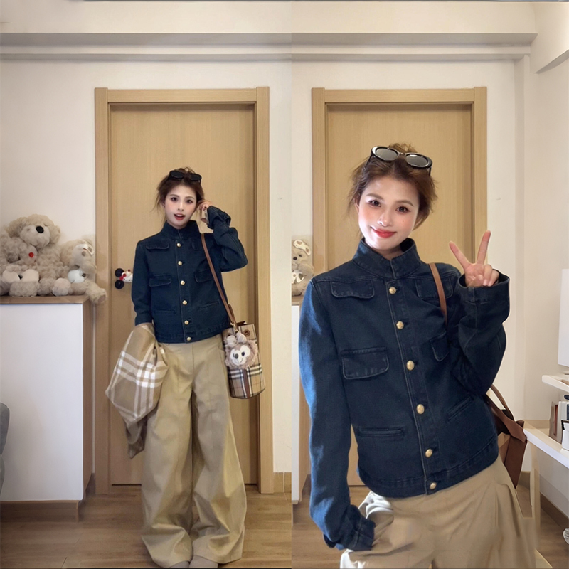 Early Autumn Vintage Thin Korean-Style Short Blue Denim Jacket with Stand Collar for Women