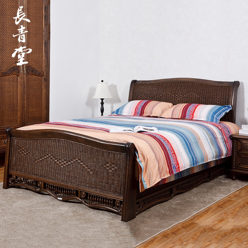 Evergreen Hall rattan art bed Rattan double bed Household bedroom rattan bed 1 8 meters solid wood European-style bed 1 5 meters bed frame