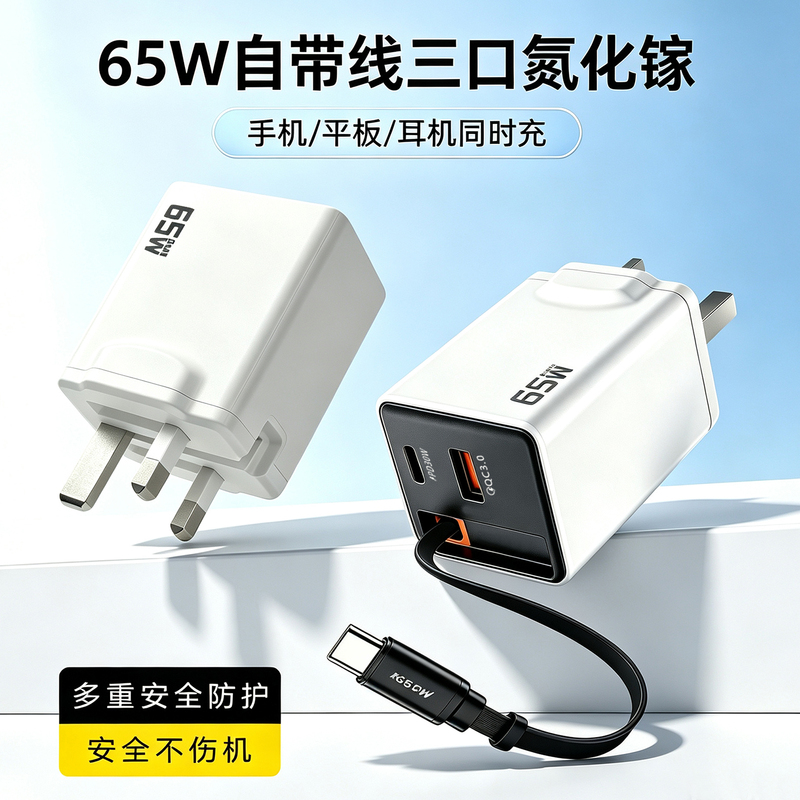 British Standard Charging Head 65W with Built-In Cable Charger 45Wgan Flash Charging Head Pd Fast Charging Head Hong Kong Version Three-Port Fast Charging Head British Standard Charging Head 65W with Built-In Cable Charger 45Wgan Flash Charging Head Pd Fast Charging Head Hong Kong Version Three-Port Fast Charging Head