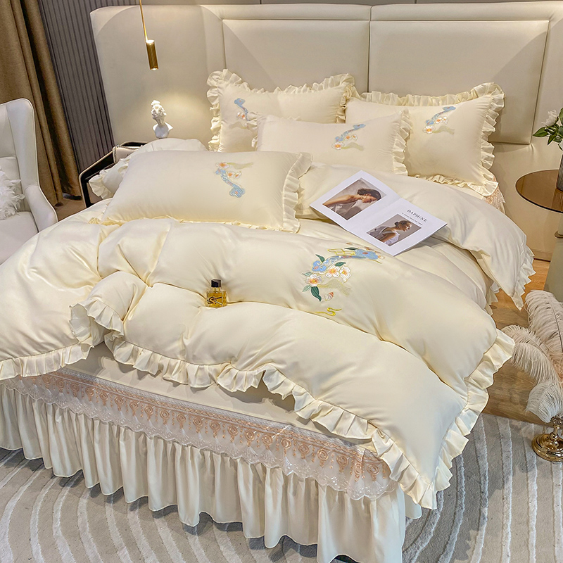 Korean-style lace double-layer lace bed skirt four-piece set thickened full cotton brushed princess wind solid color bed sheet embroidered quilt cover