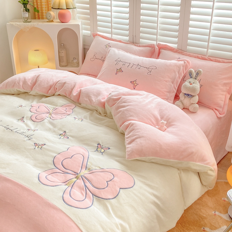 Embroidery weighted milk velvet four-piece set Korean autumn and winter princess style thickened double-sided velvet cover plus velvet bed sheet