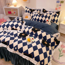 Princess wind lace milk velvet four-piece set Korean style thickened flannel sheet quilt cover bed skirt bed cover three-piece set
