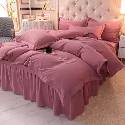 Light luxury high-grade bed skirt four-piece English quilt cover cotton cotton hotel bedding solid color simple three-piece set