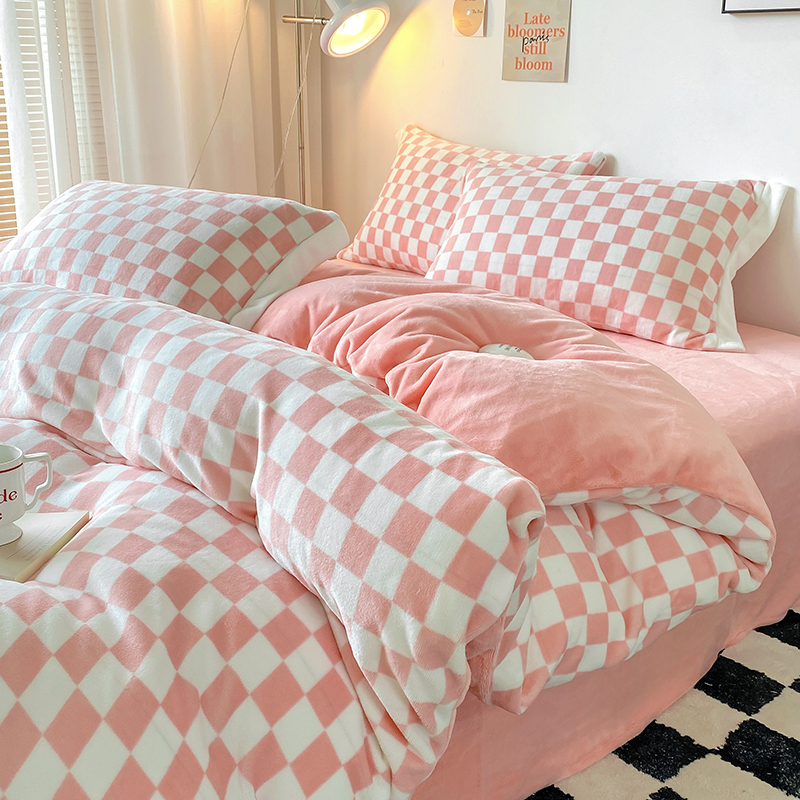 Wide-brimmed milk velvet bed four-piece checkerboard thickened plus velvet bed sheet houndstooth coral fleece warm quilt cover