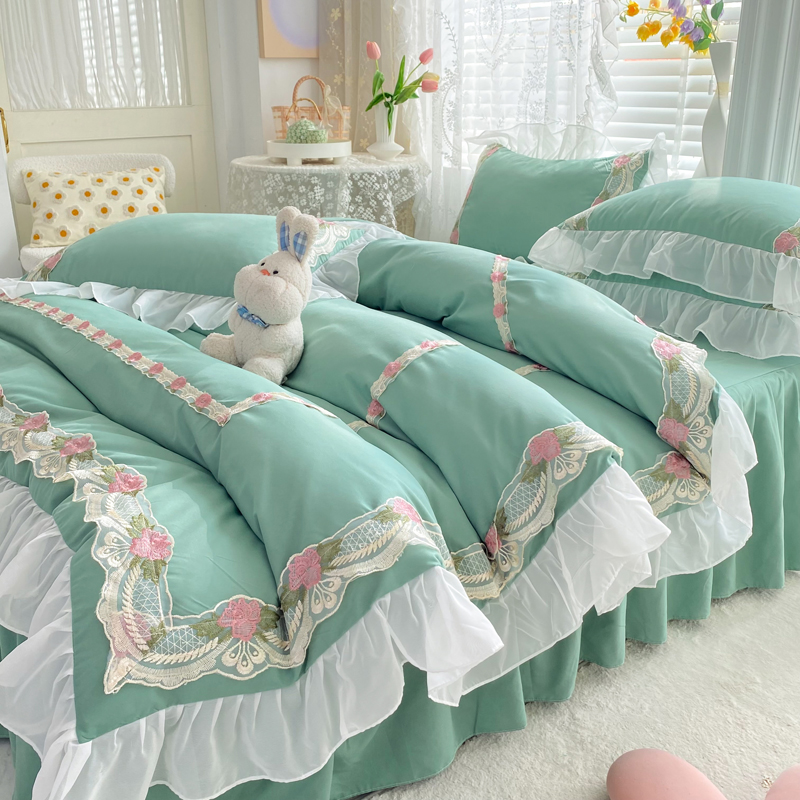 Korean-style chiffon embroidery bed four-piece princess bed skirt bed sheet quilt cover soft cotton washed cotton three-piece set