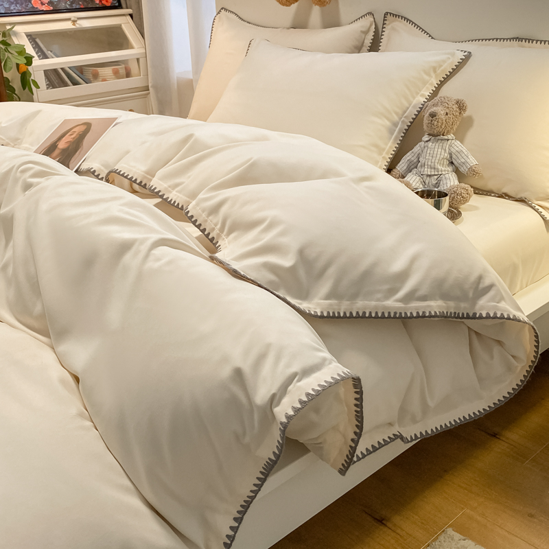 Embroidery lock four-piece bed set Nordic style solid color cotton washed cotton bed quilt cover student dormitory three-piece set