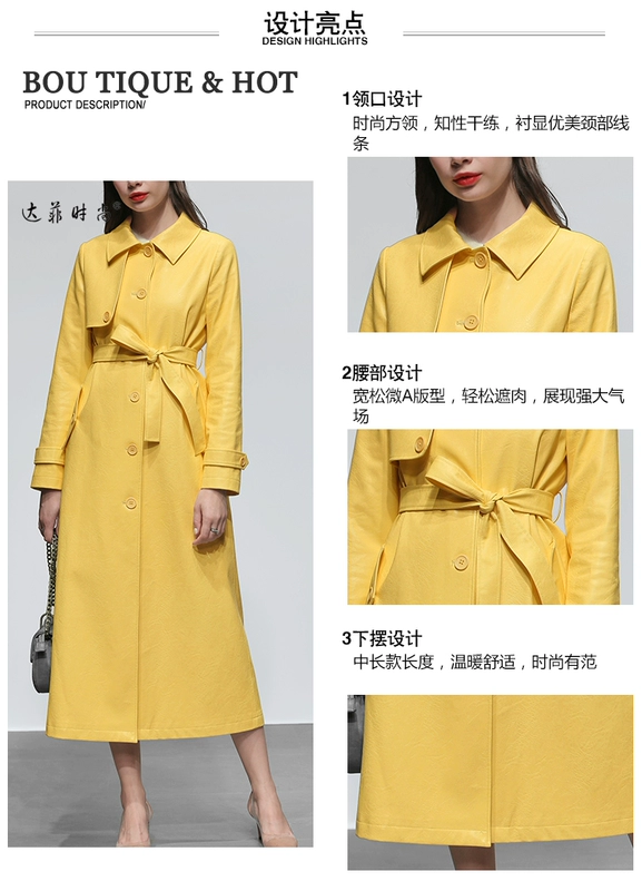 Áo khoác nữ mùa thu đông 2018 màu vàng mới, áo gió bằng da PU là áo khoác da mỏng dài áo khoác da nữ giá rẻ