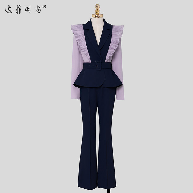 Autumn women's clothing 2022 new fashion temperament hit color small suit jacket navy blue flared pants pants suit tide