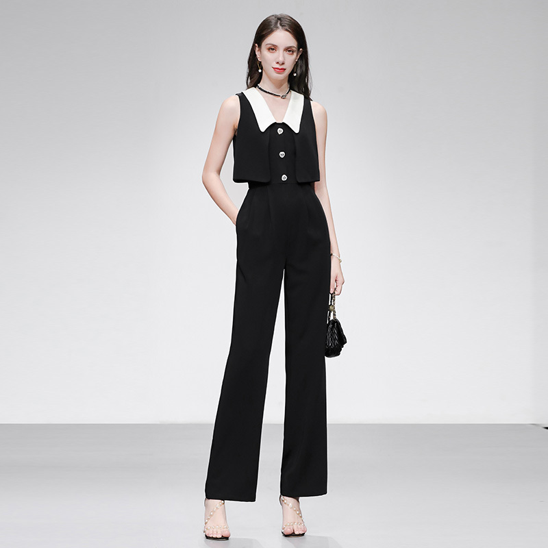 2026 Summer New Women's Fashion Black and White Contrast Color Sleeveless High Waist Jumpsuit Wide Leg Pants