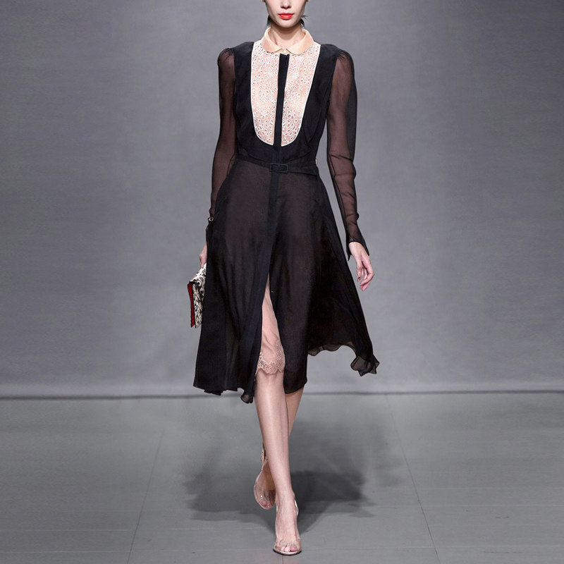 秋季气质名媛复古蕾丝长裙长袖显瘦中长款连衣裙女装秋装2017新款