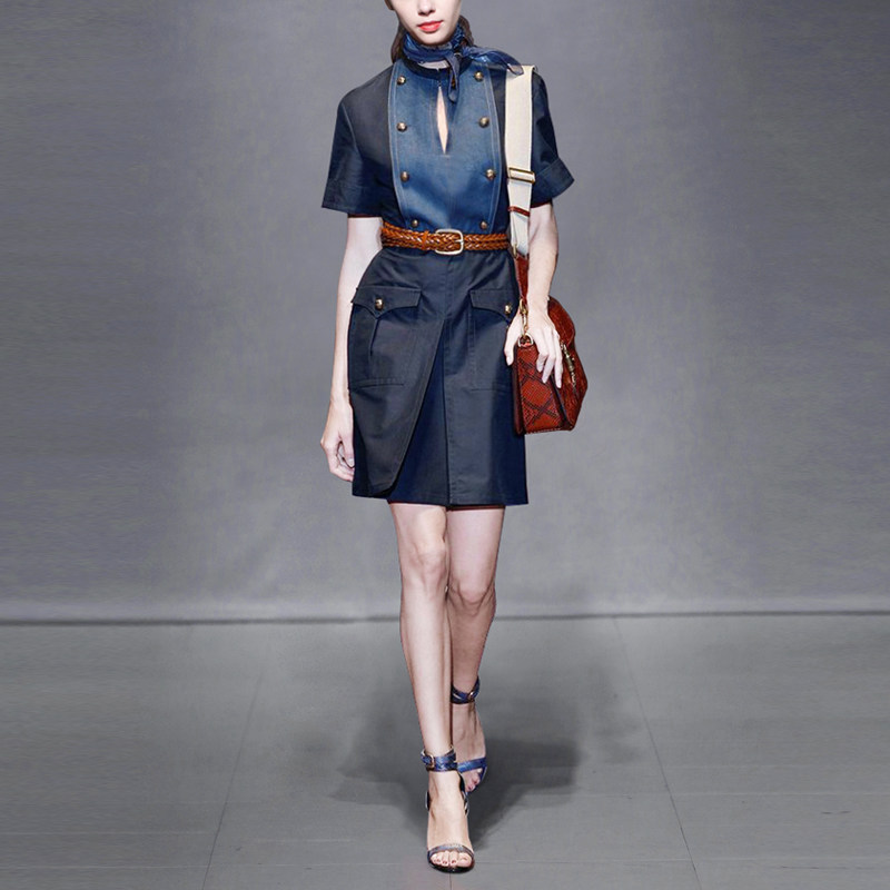 秋季时尚气质名媛收腰裙子短袖显瘦中长款连衣裙女装秋装2017新款