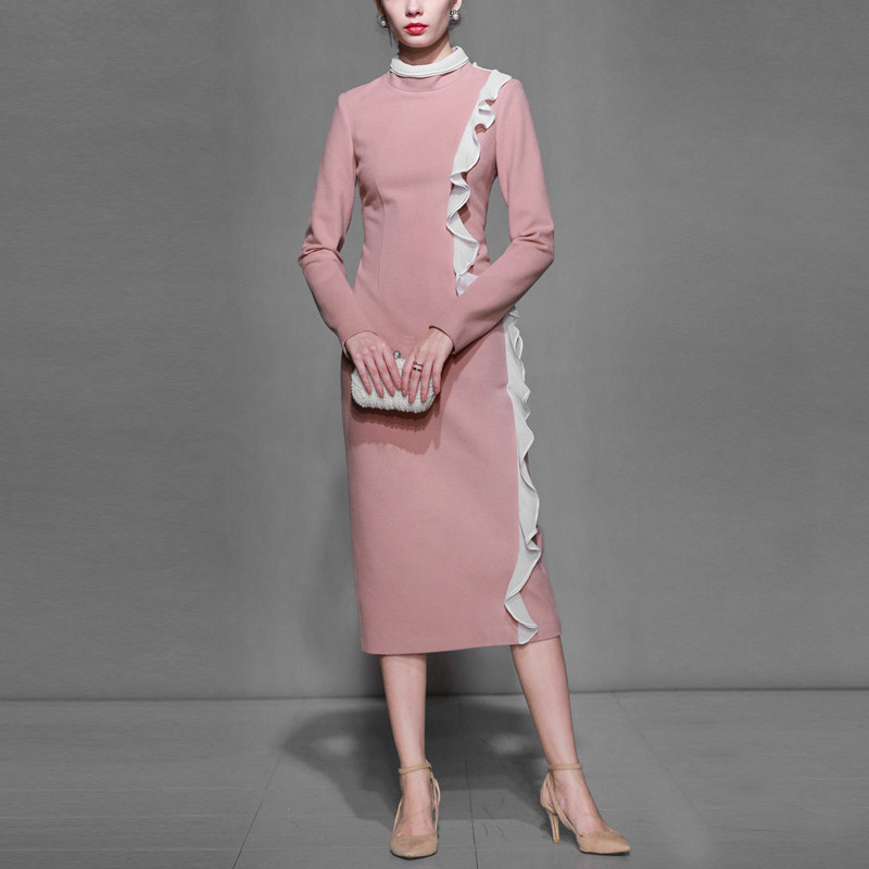 2017冬装新款女装欧美时尚高领撞色拼接荷叶边收腰显瘦长款连衣裙