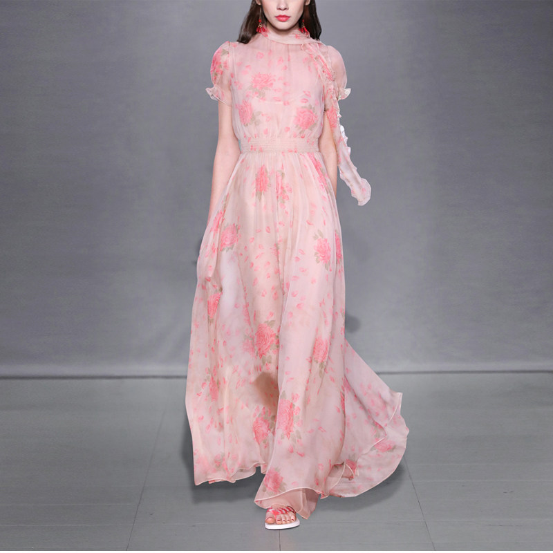 DF夏季气质名媛印花长裙短袖显瘦中长款连衣裙女夏装2017新款女装