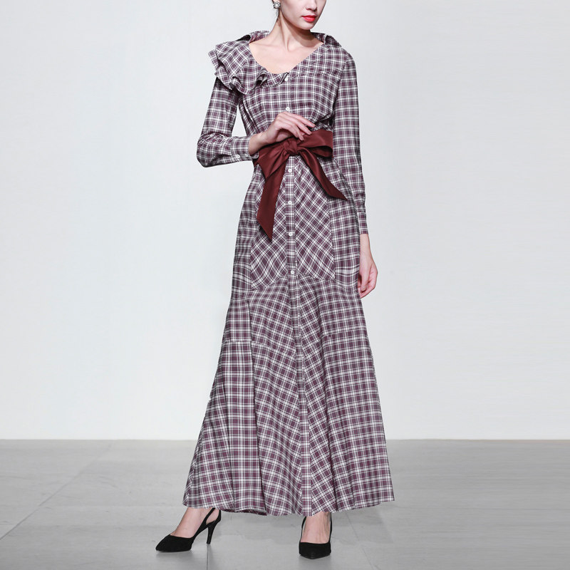 2017秋装新款欧美时尚优雅大方格纹荷叶边收到系带显瘦大摆连衣裙