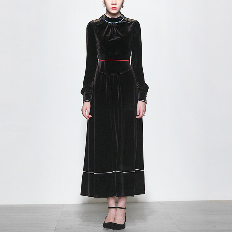 秋季气质名媛复古长裙丝绒长袖显瘦中长款连衣裙女装秋装2017新款