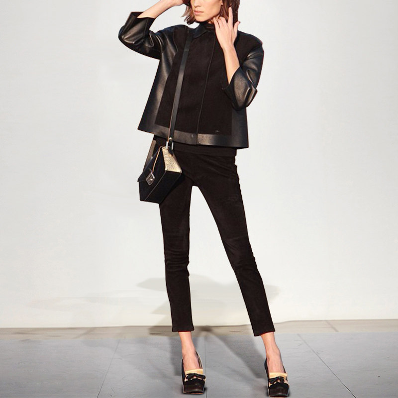 达菲时尚2017秋装新款女装气质名媛短款外套修身皮裤套装潮