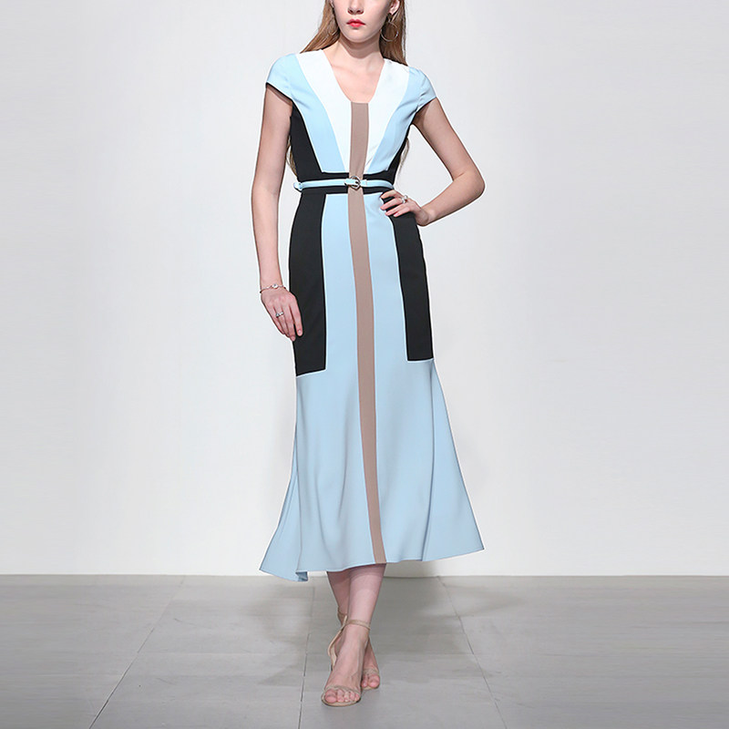 夏季连衣裙女装新款名媛V领短袖显瘦拼接撞色鱼尾包裙中长裙子潮