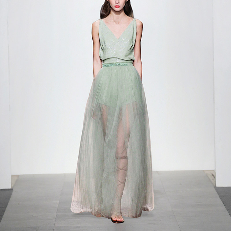 夏季时尚气质名媛两件套吊带上衣网纱裙裤套装女装夏装2017新款潮