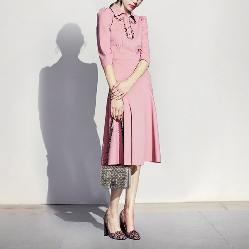 秋季气质名媛收腰长裙复古显瘦中长款衬衫连衣裙女装秋装2017新款