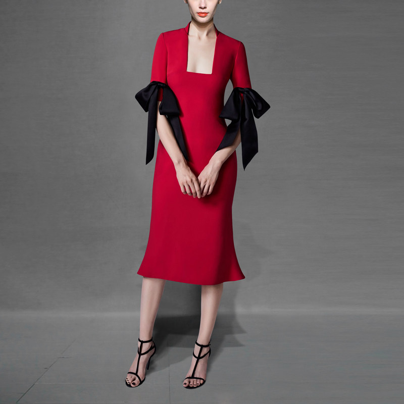 2017秋季女装新款欧美时尚复古气质撞色拼接蝴蝶结收腰显瘦连衣裙