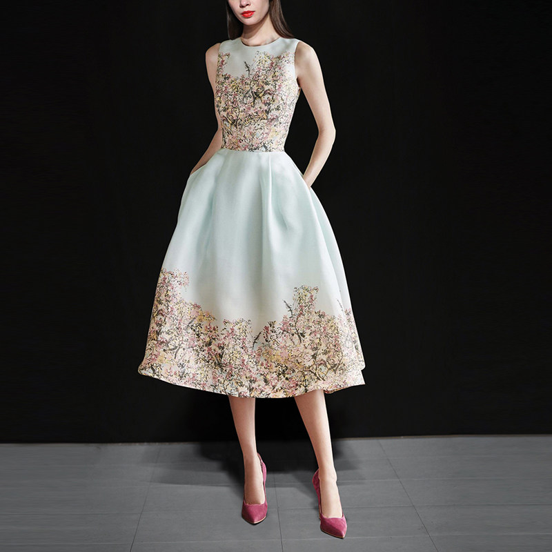 夏季气质名媛复古收腰长裙印花显瘦中长款连衣裙女装夏装2017新款