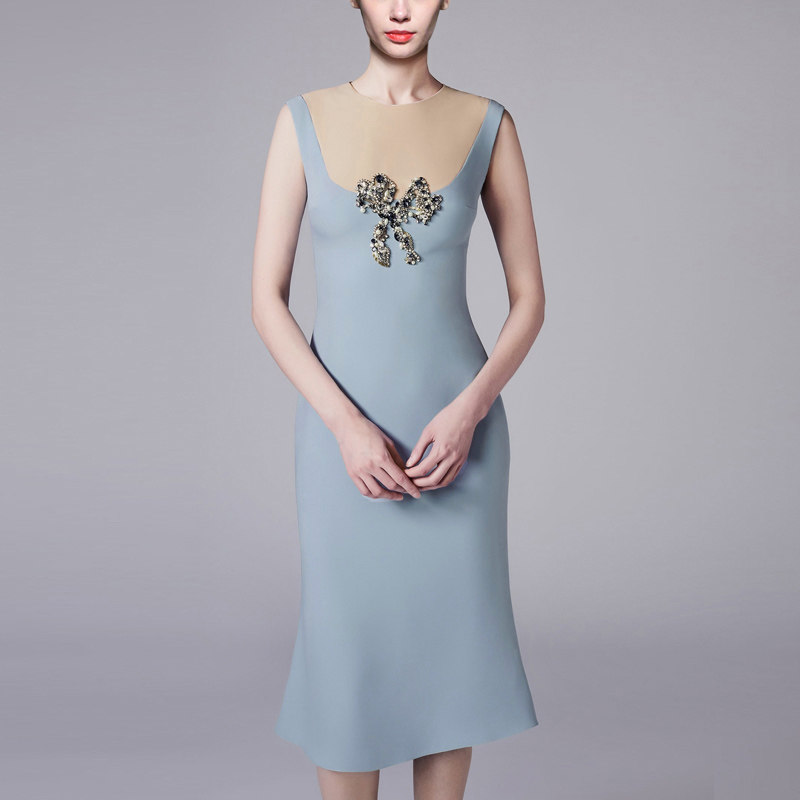 夏季气质名媛修身撞色裙子显瘦中长款包臀连衣裙夏装女装2017新款