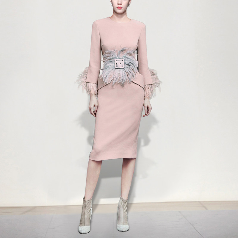 秋季气质名媛修身长裙收腰显瘦中长款长袖连衣裙女装秋装2017新款