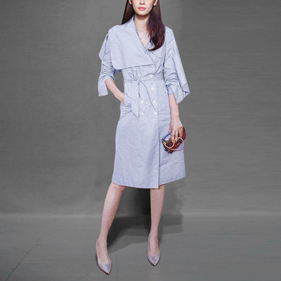 2017秋装新款女装时尚潮流个性不对称双排扣长袖系带中款风衣外套