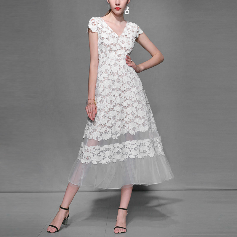 夏季气质名媛收腰长裙短袖显瘦中长款蕾丝连衣裙女装夏装2017新款
