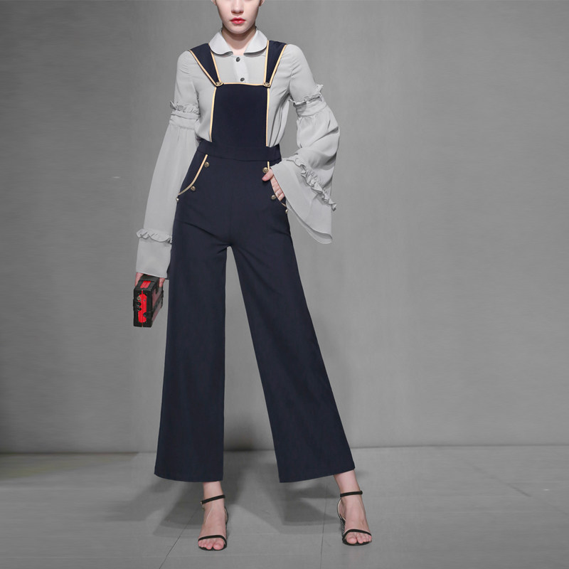 秋季时尚气质名媛休闲两件套衬衫上衣阔腿裤套装女装秋装2017新款