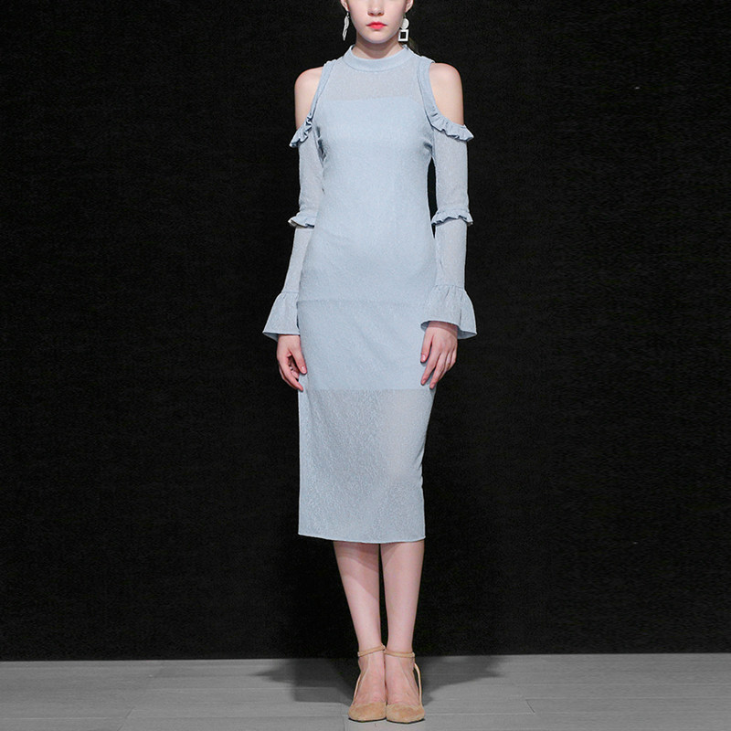 秋季气质名媛修身长裙露肩长袖显瘦中长款连衣裙女装秋装2017新款